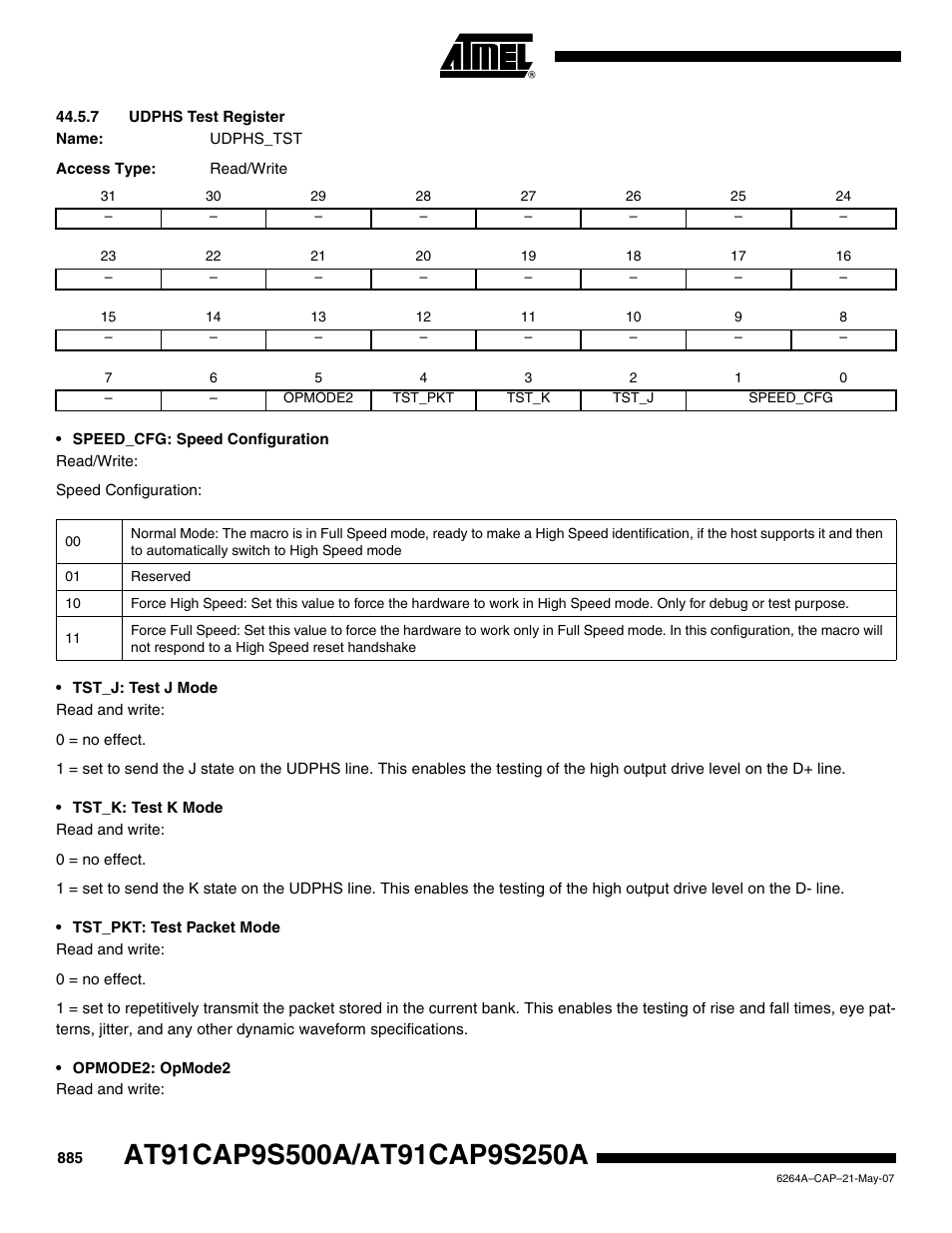 7 udphs test register, Udphs test register | Rainbow Electronics AT91CAP9S250A User Manual | Page 885 / 1008