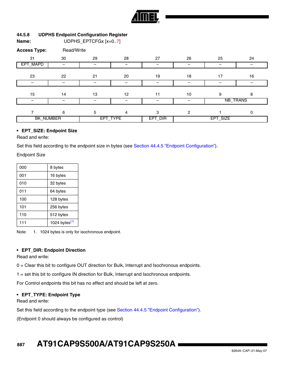 8 udphs endpoint configuration register | Rainbow Electronics AT91CAP9S250A User Manual | Page 887 / 1008