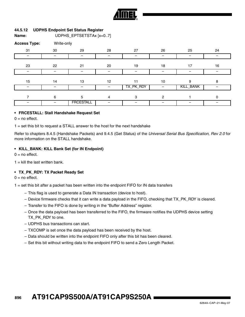 12 udphs endpoint set status register | Rainbow Electronics AT91CAP9S250A User Manual | Page 896 / 1008