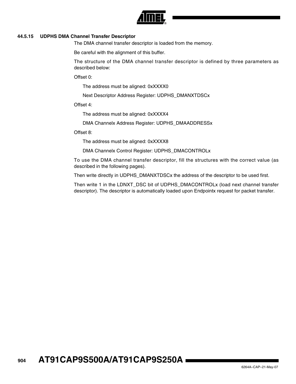 15 udphs dma channel transfer descriptor, Udphs | Rainbow Electronics AT91CAP9S250A User Manual | Page 904 / 1008