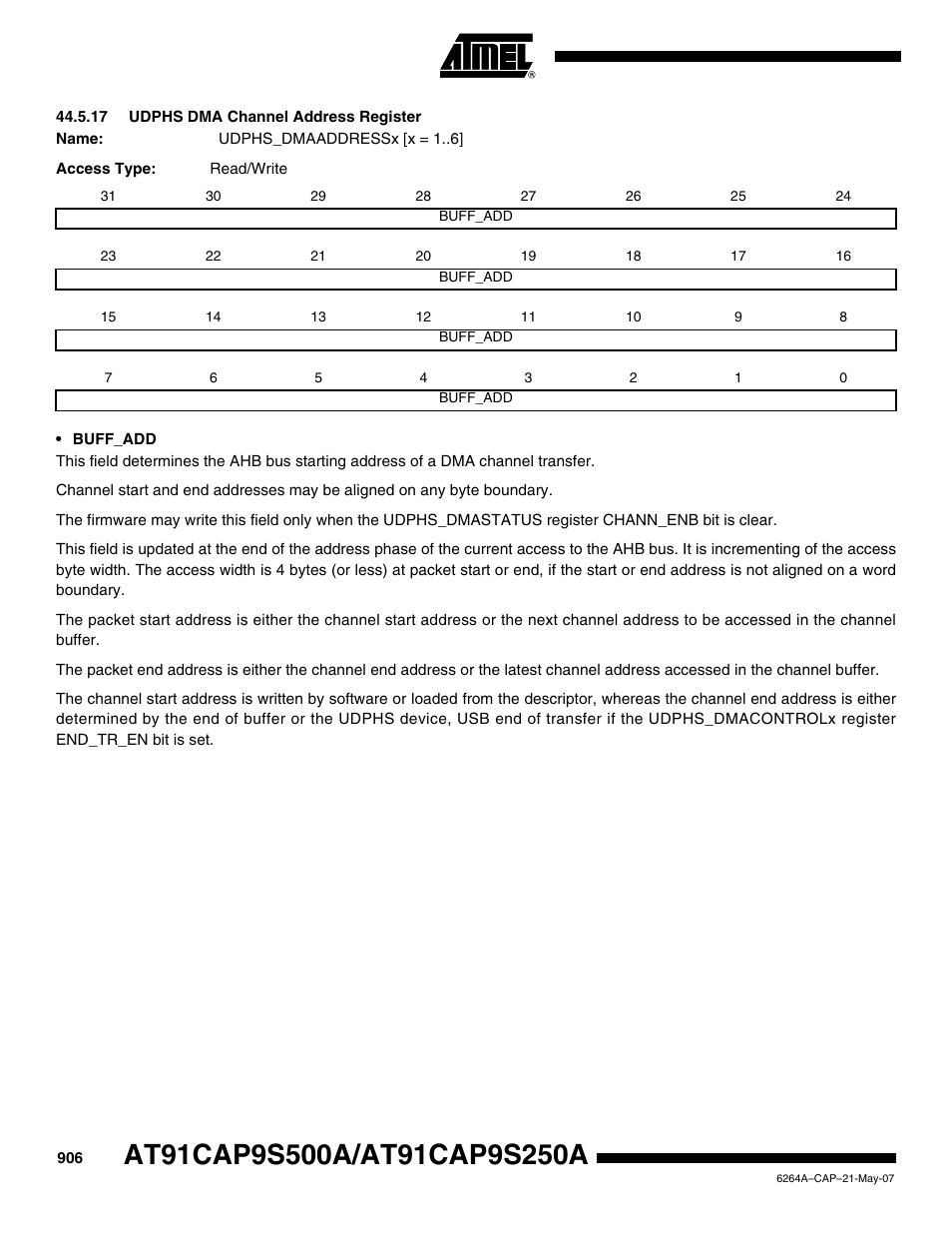 17 udphs dma channel address register | Rainbow Electronics AT91CAP9S250A User Manual | Page 906 / 1008