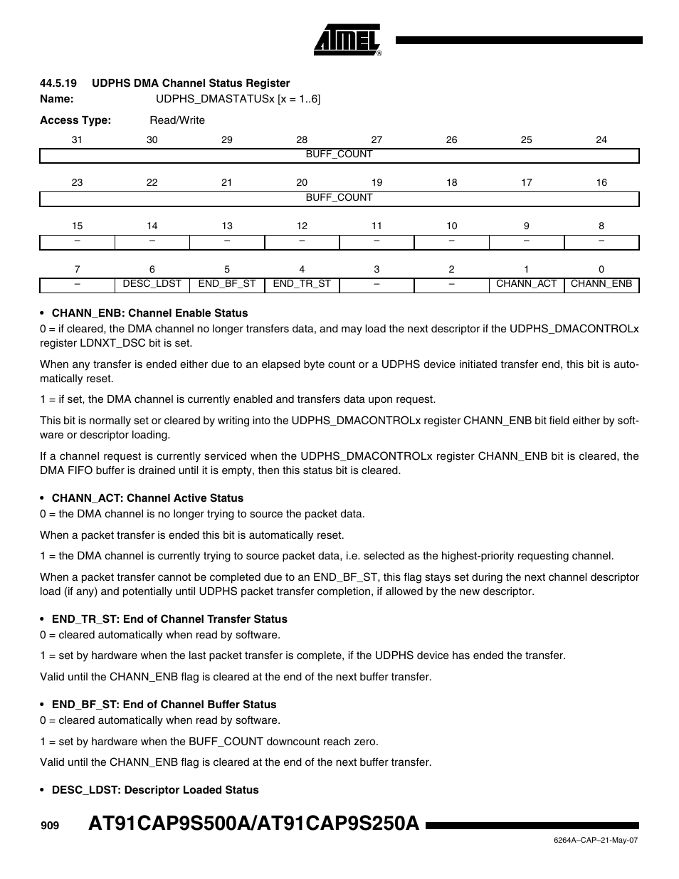 19 udphs dma channel status register | Rainbow Electronics AT91CAP9S250A User Manual | Page 909 / 1008