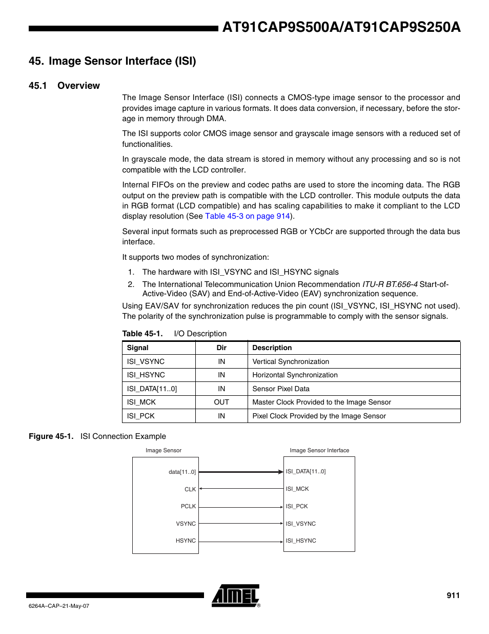 Image sensor interface (isi), 1 overview | Rainbow Electronics AT91CAP9S250A User Manual | Page 911 / 1008