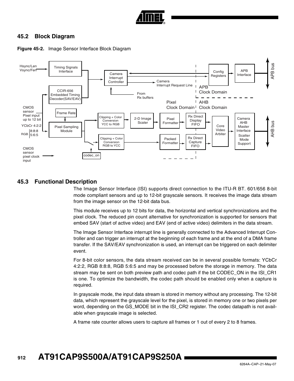 2 block diagram, 3 functional description, Figure 45-2. image sensor interface block diagram | Rainbow Electronics AT91CAP9S250A User Manual | Page 912 / 1008