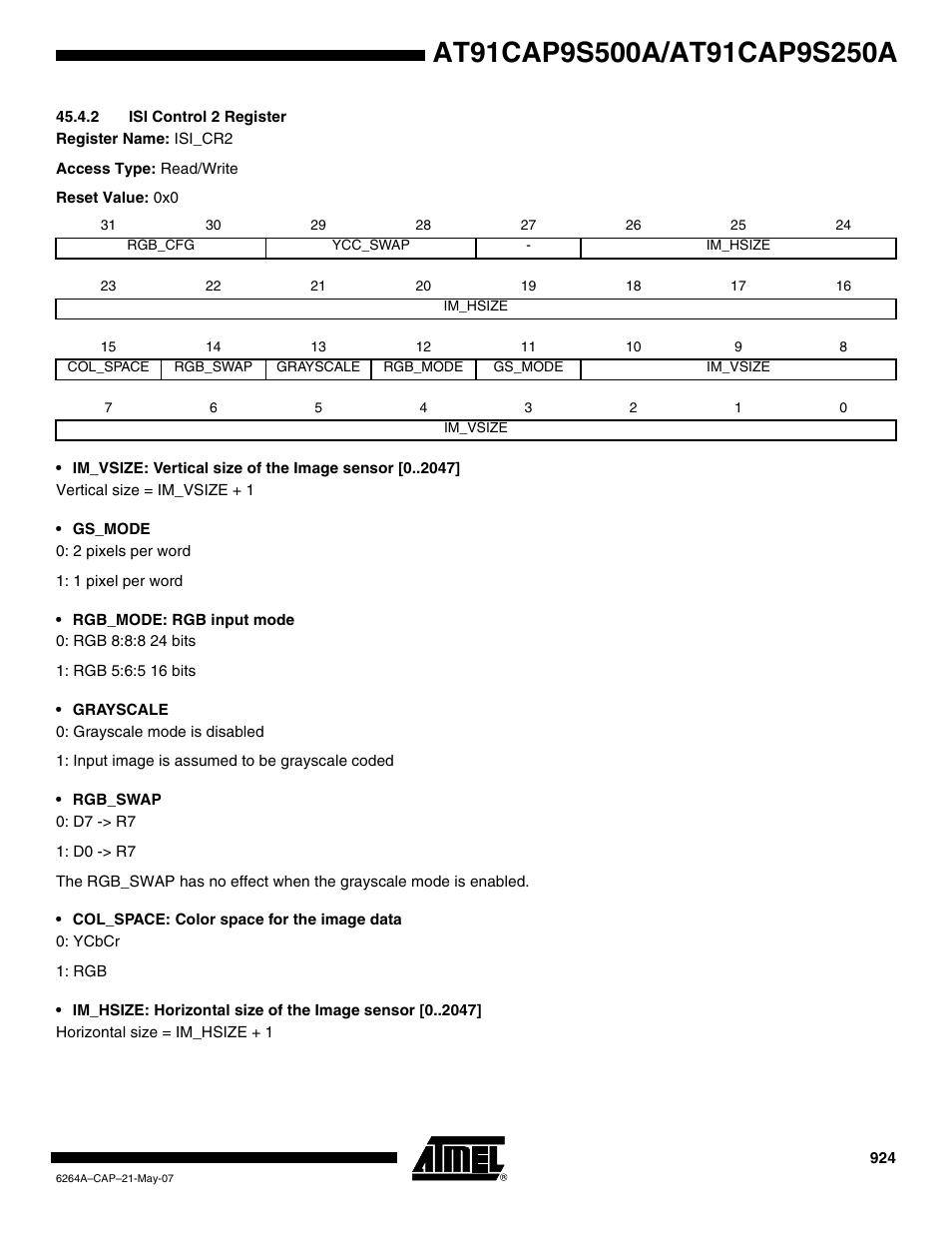 2 isi control 2 register | Rainbow Electronics AT91CAP9S250A User Manual | Page 924 / 1008
