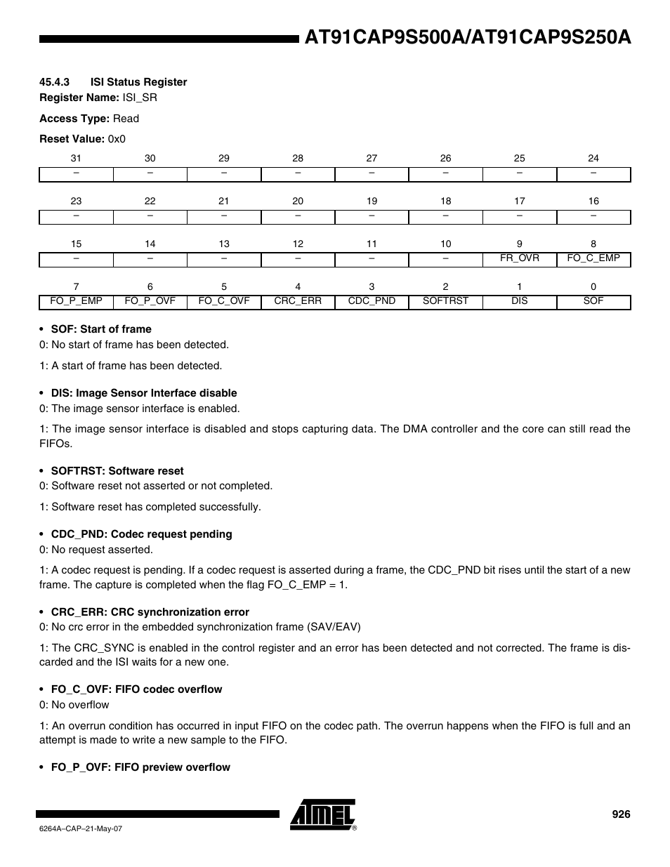 3 isi status register | Rainbow Electronics AT91CAP9S250A User Manual | Page 926 / 1008