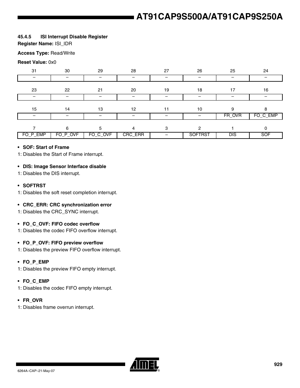 5 isi interrupt disable register | Rainbow Electronics AT91CAP9S250A User Manual | Page 929 / 1008