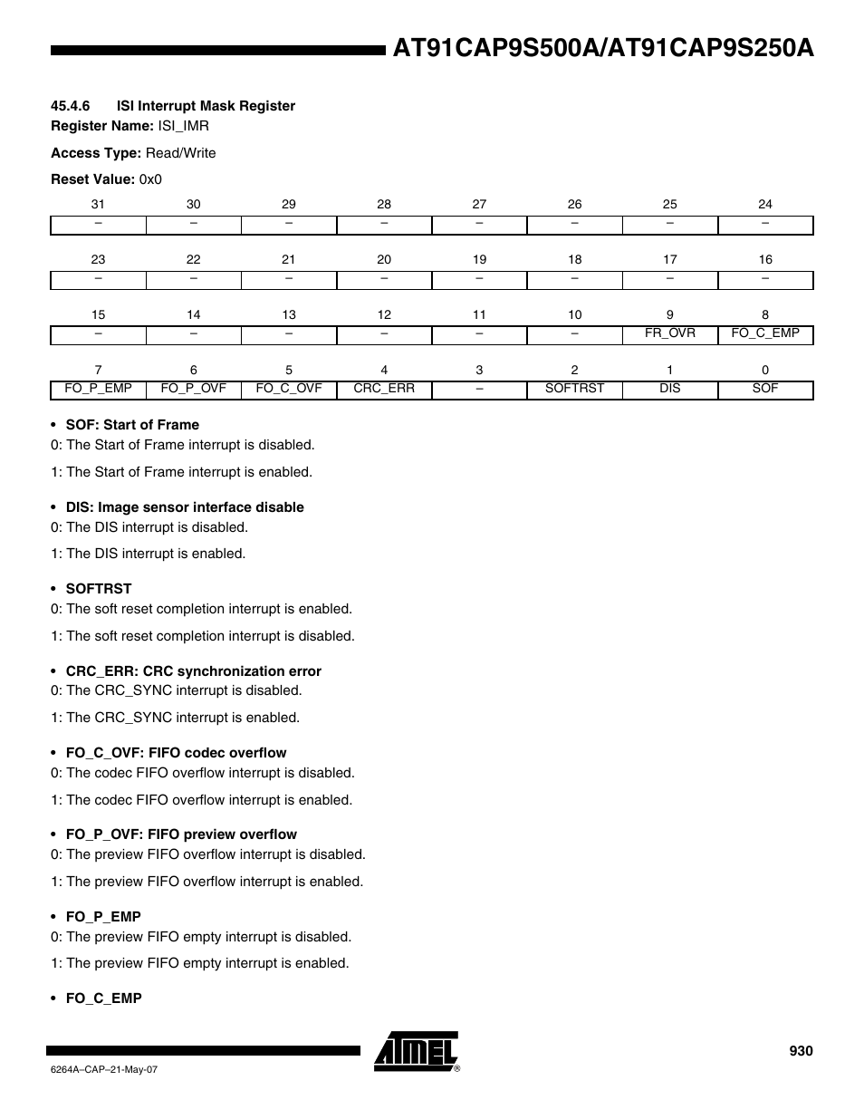 6 isi interrupt mask register | Rainbow Electronics AT91CAP9S250A User Manual | Page 930 / 1008