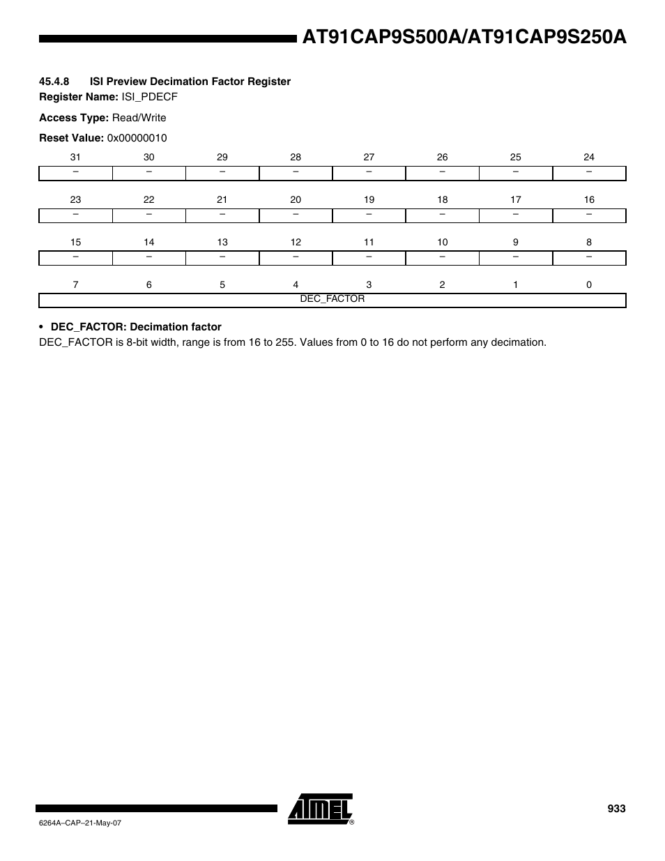 8 isi preview decimation factor register | Rainbow Electronics AT91CAP9S250A User Manual | Page 933 / 1008