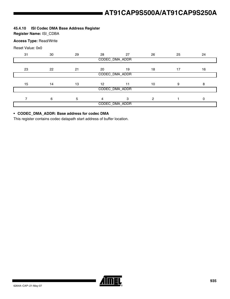 10 isi codec dma base address register | Rainbow Electronics AT91CAP9S250A User Manual | Page 935 / 1008