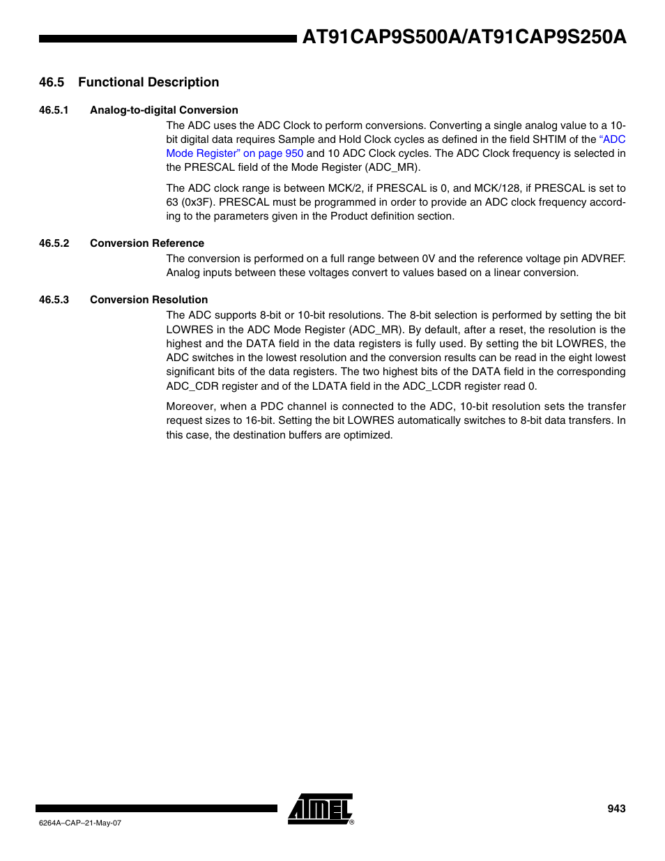 5 functional description, 1 analog-to-digital conversion, 2 conversion reference | 3 conversion resolution | Rainbow Electronics AT91CAP9S250A User Manual | Page 943 / 1008