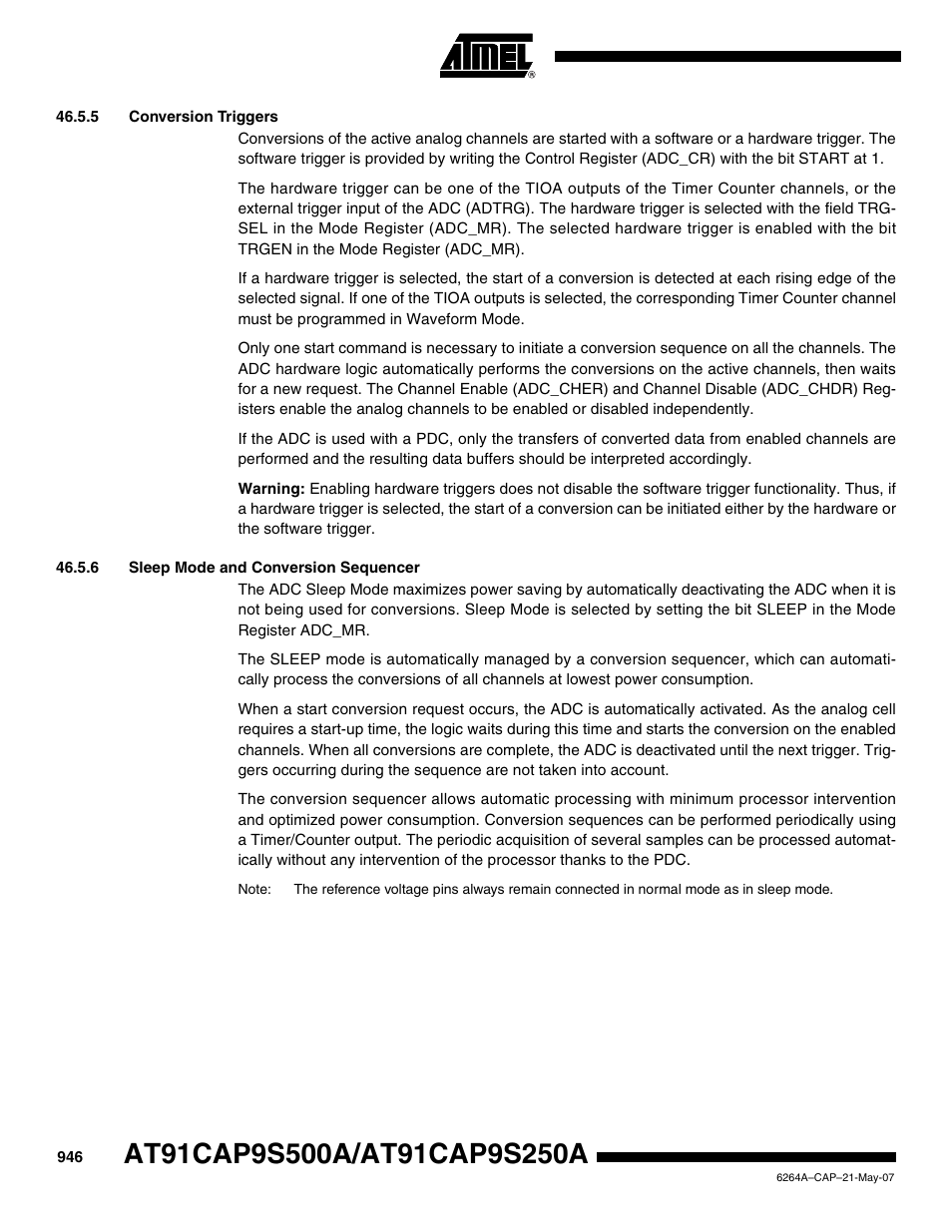 5 conversion triggers, 6 sleep mode and conversion sequencer | Rainbow Electronics AT91CAP9S250A User Manual | Page 946 / 1008