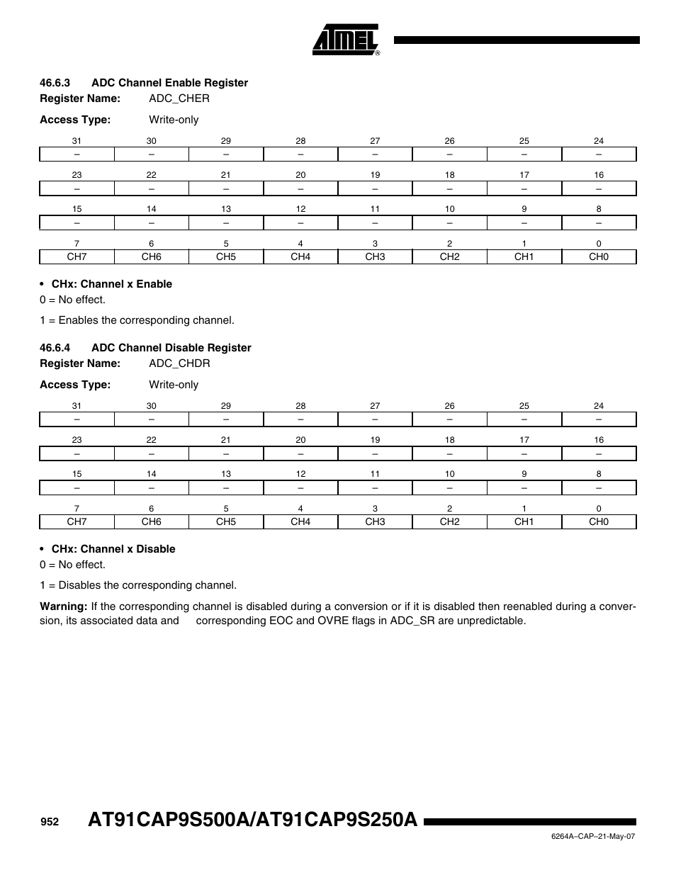 3 adc channel enable register, 4 adc channel disable register | Rainbow Electronics AT91CAP9S250A User Manual | Page 952 / 1008