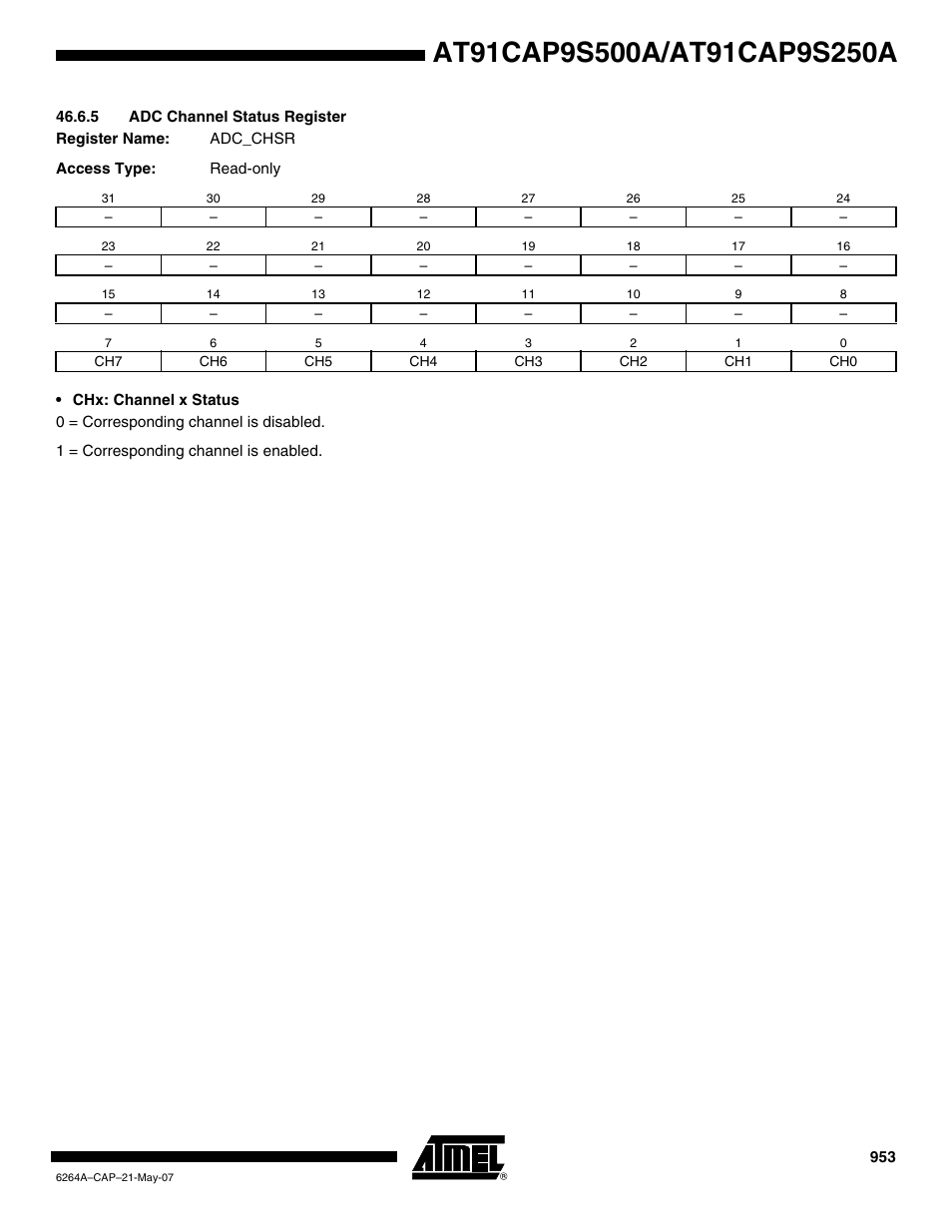 5 adc channel status register | Rainbow Electronics AT91CAP9S250A User Manual | Page 953 / 1008