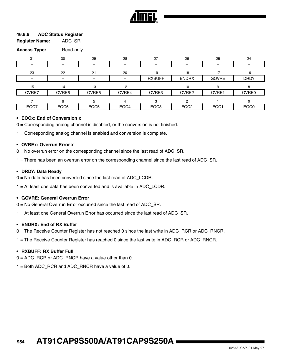 6 adc status register | Rainbow Electronics AT91CAP9S250A User Manual | Page 954 / 1008