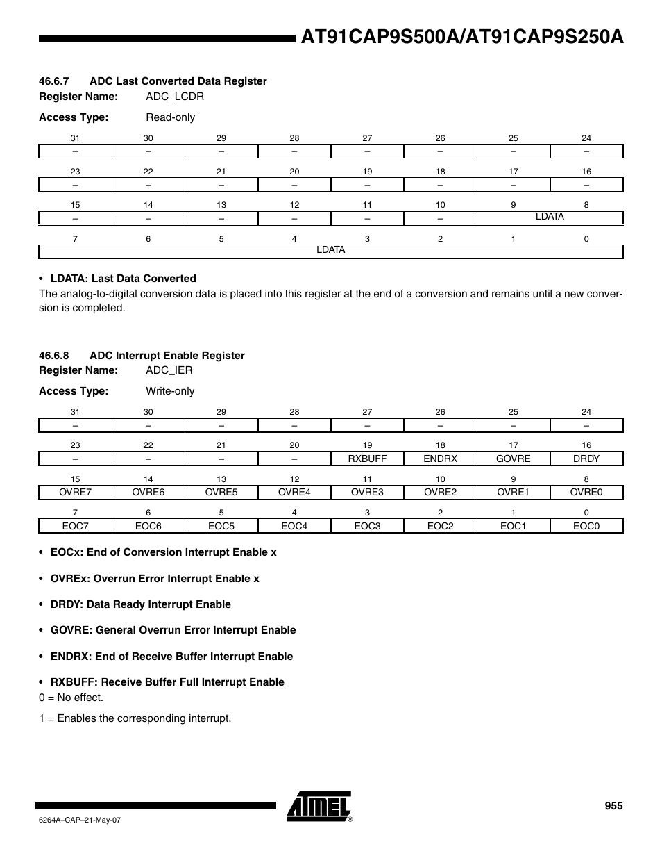 7 adc last converted data register, 8 adc interrupt enable register | Rainbow Electronics AT91CAP9S250A User Manual | Page 955 / 1008