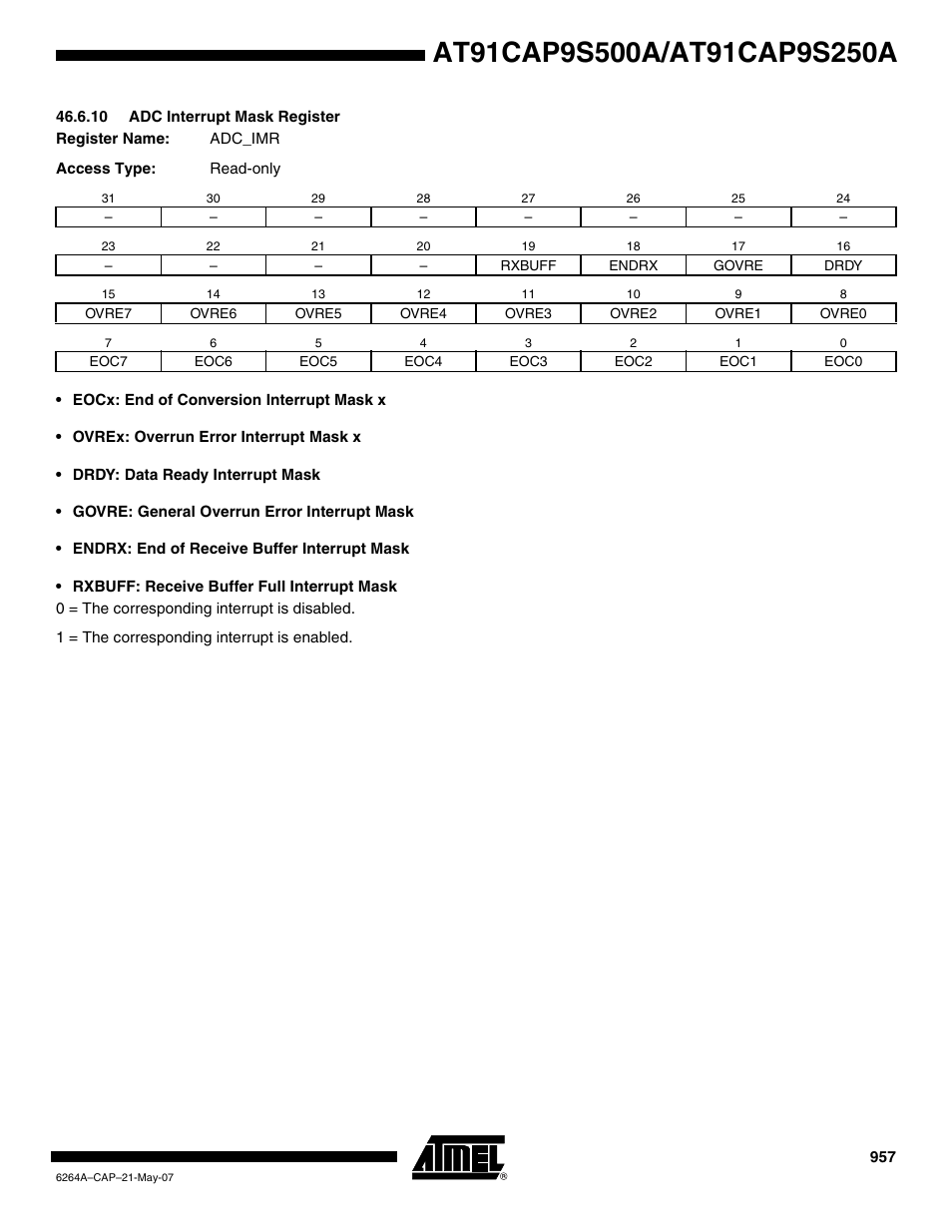 10 adc interrupt mask register | Rainbow Electronics AT91CAP9S250A User Manual | Page 957 / 1008