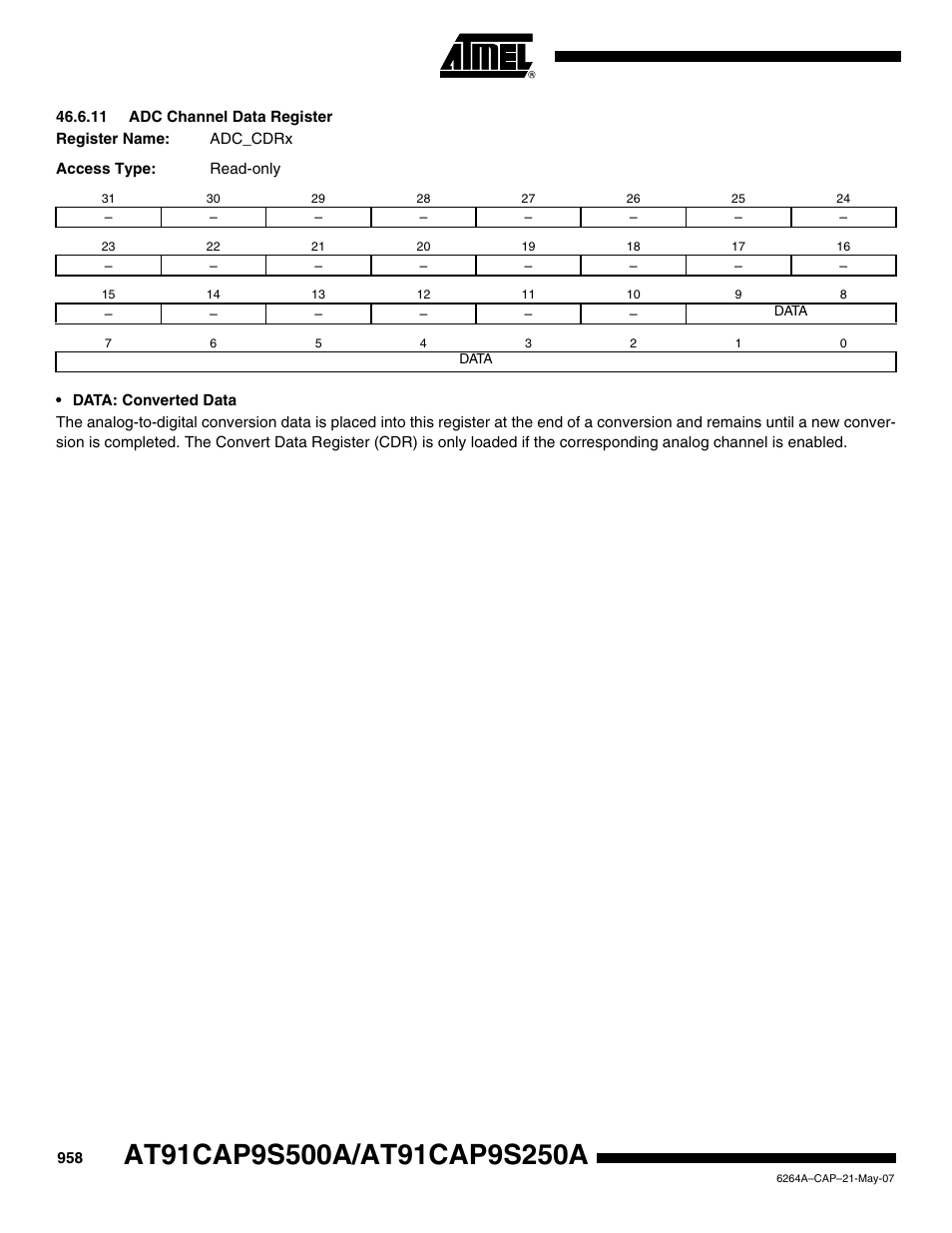 11 adc channel data register | Rainbow Electronics AT91CAP9S250A User Manual | Page 958 / 1008