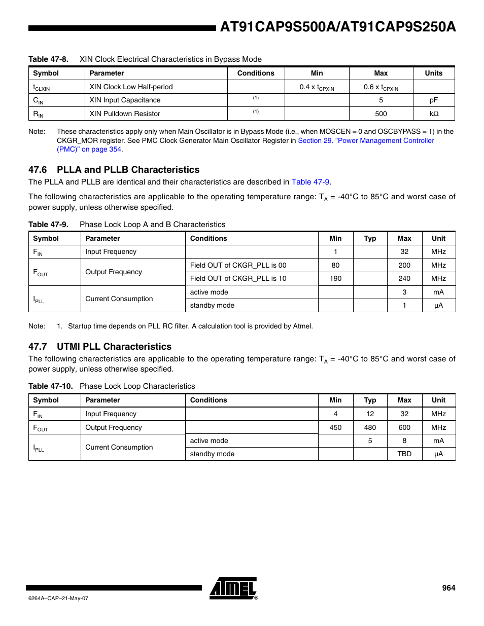 6 plla and pllb characteristics, 7 utmi pll characteristics | Rainbow Electronics AT91CAP9S250A User Manual | Page 964 / 1008