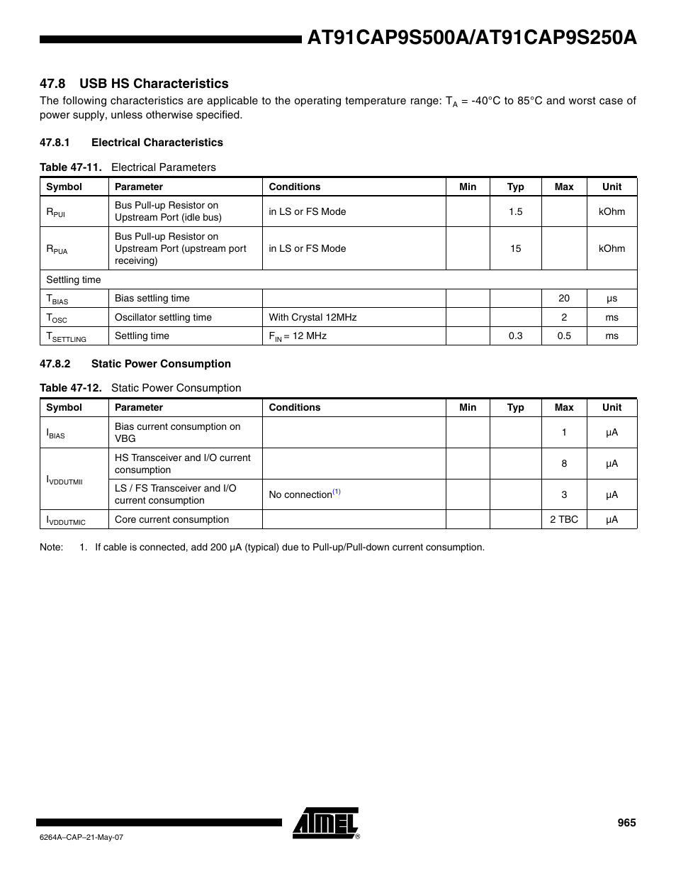 8 usb hs characteristics, 1 electrical characteristics, 2 static power consumption | Rainbow Electronics AT91CAP9S250A User Manual | Page 965 / 1008