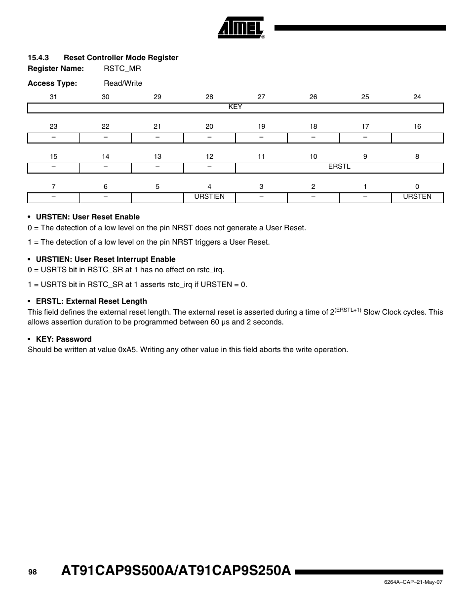 3 reset controller mode register | Rainbow Electronics AT91CAP9S250A User Manual | Page 98 / 1008