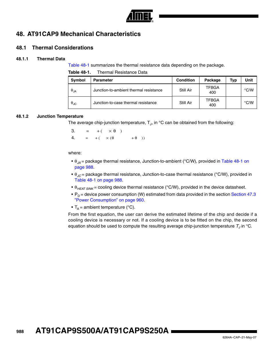At91cap9 mechanical characteristics, 1 thermal considerations, 1 thermal data | 2 junction temperature | Rainbow Electronics AT91CAP9S250A User Manual | Page 988 / 1008