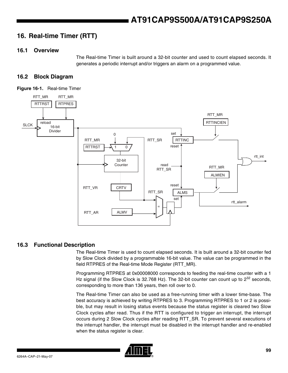 Real-time timer (rtt), 1 overview, 2 block diagram | 3 functional description | Rainbow Electronics AT91CAP9S250A User Manual | Page 99 / 1008