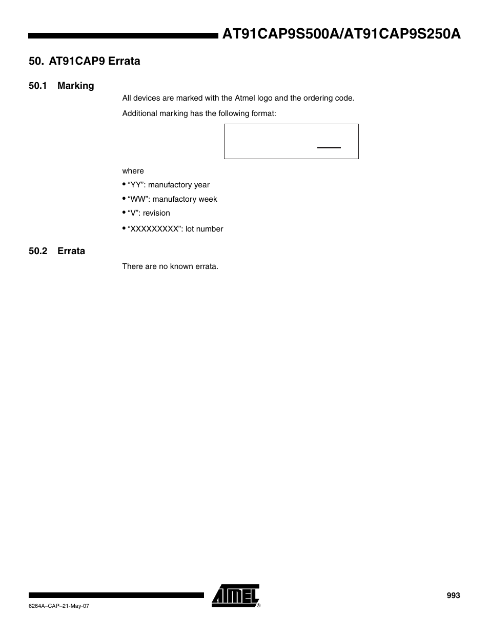 At91cap9 errata, 1 marking, 2 errata | Rainbow Electronics AT91CAP9S250A User Manual | Page 993 / 1008