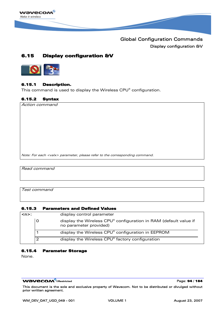 Display configuration &v, Global configuration commands, 15 display configuration &v | None | Rainbow Electronics FARGO MAESTRO 100 (with TCP_IP) User Manual | Page 100 / 787