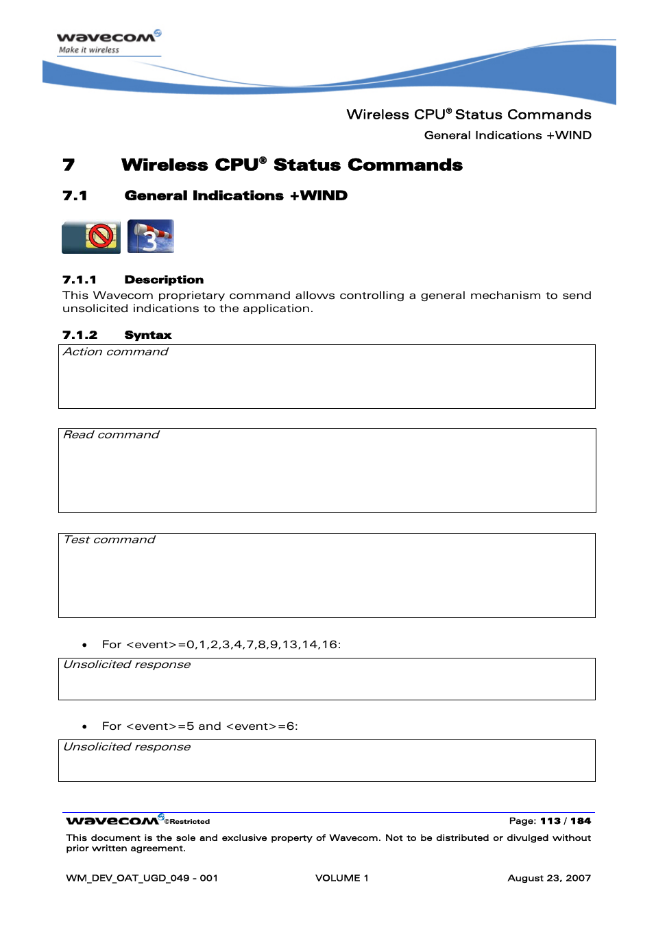 Wireless cpu® status commands, General indications +wind, Wireless cpu | Status commands, 7wireless cpu | Rainbow Electronics FARGO MAESTRO 100 (with TCP_IP) User Manual | Page 119 / 787