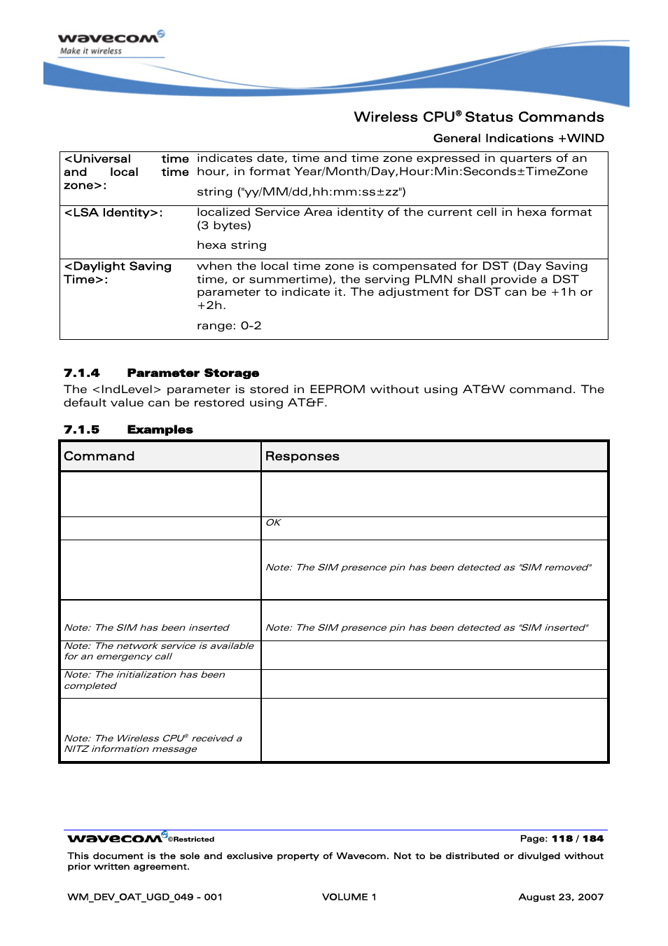 Wireless cpu, Status commands, At+wind? +wind: 0 ok at+wind=255 | Wind: 1, Wind: 7, Wind: 4 | Rainbow Electronics FARGO MAESTRO 100 (with TCP_IP) User Manual | Page 124 / 787