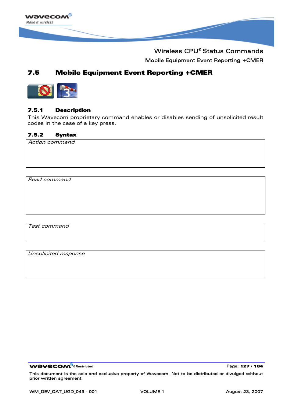Mobile equipment event reporting +cmer | Rainbow Electronics FARGO MAESTRO 100 (with TCP_IP) User Manual | Page 133 / 787