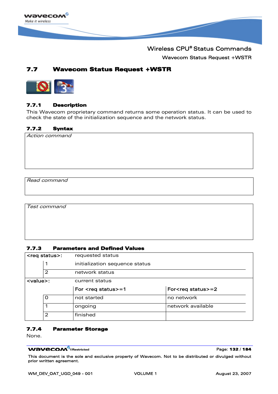 Wavecom status request +wstr | Rainbow Electronics FARGO MAESTRO 100 (with TCP_IP) User Manual | Page 138 / 787