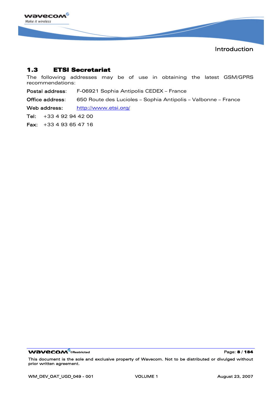 Etsi secretariat, Introduction, 3 etsi secretariat | Rainbow Electronics FARGO MAESTRO 100 (with TCP_IP) User Manual | Page 14 / 787