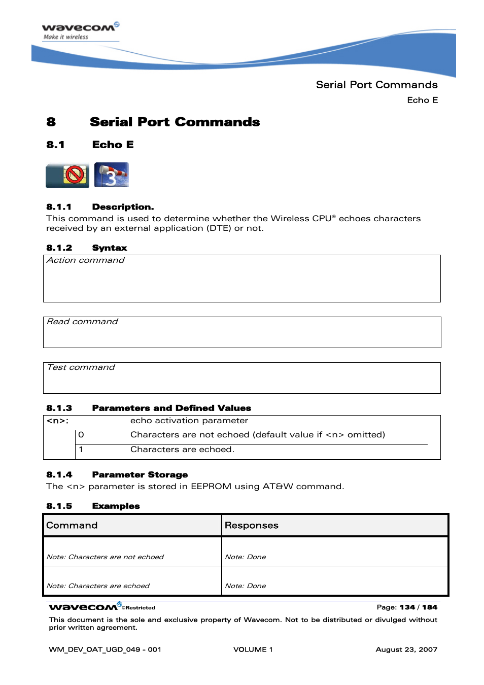 Serial port commands, Echo e, 8serial port commands | Rainbow Electronics FARGO MAESTRO 100 (with TCP_IP) User Manual | Page 140 / 787