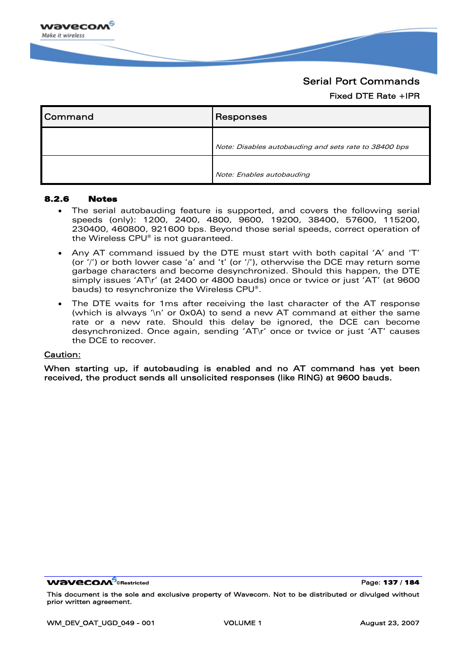 Serial port commands, At+ipr=0 ok | Rainbow Electronics FARGO MAESTRO 100 (with TCP_IP) User Manual | Page 143 / 787