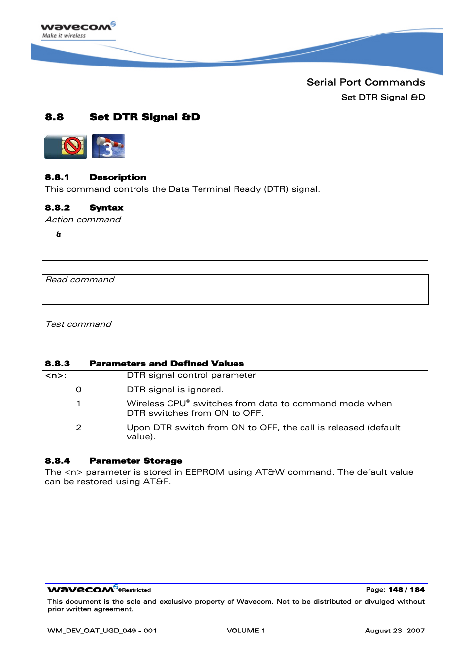 Set dtr signal &d | Rainbow Electronics FARGO MAESTRO 100 (with TCP_IP) User Manual | Page 154 / 787