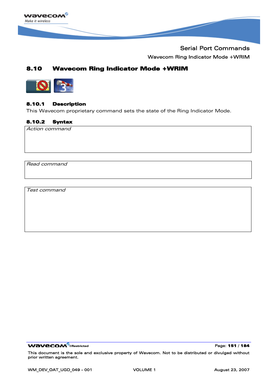 Wavecom ring indicator mode +wrim | Rainbow Electronics FARGO MAESTRO 100 (with TCP_IP) User Manual | Page 157 / 787