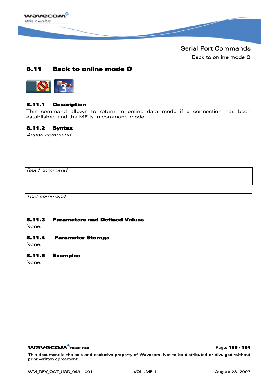 Back to online mode o, Serial port commands, 11 back to online mode o | Ato ok, None | Rainbow Electronics FARGO MAESTRO 100 (with TCP_IP) User Manual | Page 161 / 787