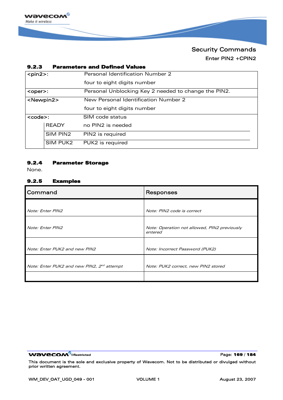 Security commands, Cme error: 16 | Rainbow Electronics FARGO MAESTRO 100 (with TCP_IP) User Manual | Page 175 / 787