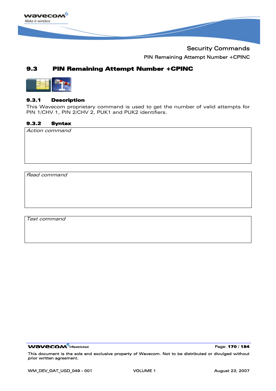 Pin remaining attempt number +cpinc | Rainbow Electronics FARGO MAESTRO 100 (with TCP_IP) User Manual | Page 176 / 787