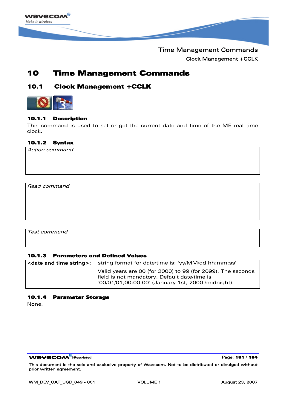 Time management commands, Clock management +cclk, 10 time management commands | Rainbow Electronics FARGO MAESTRO 100 (with TCP_IP) User Manual | Page 187 / 787