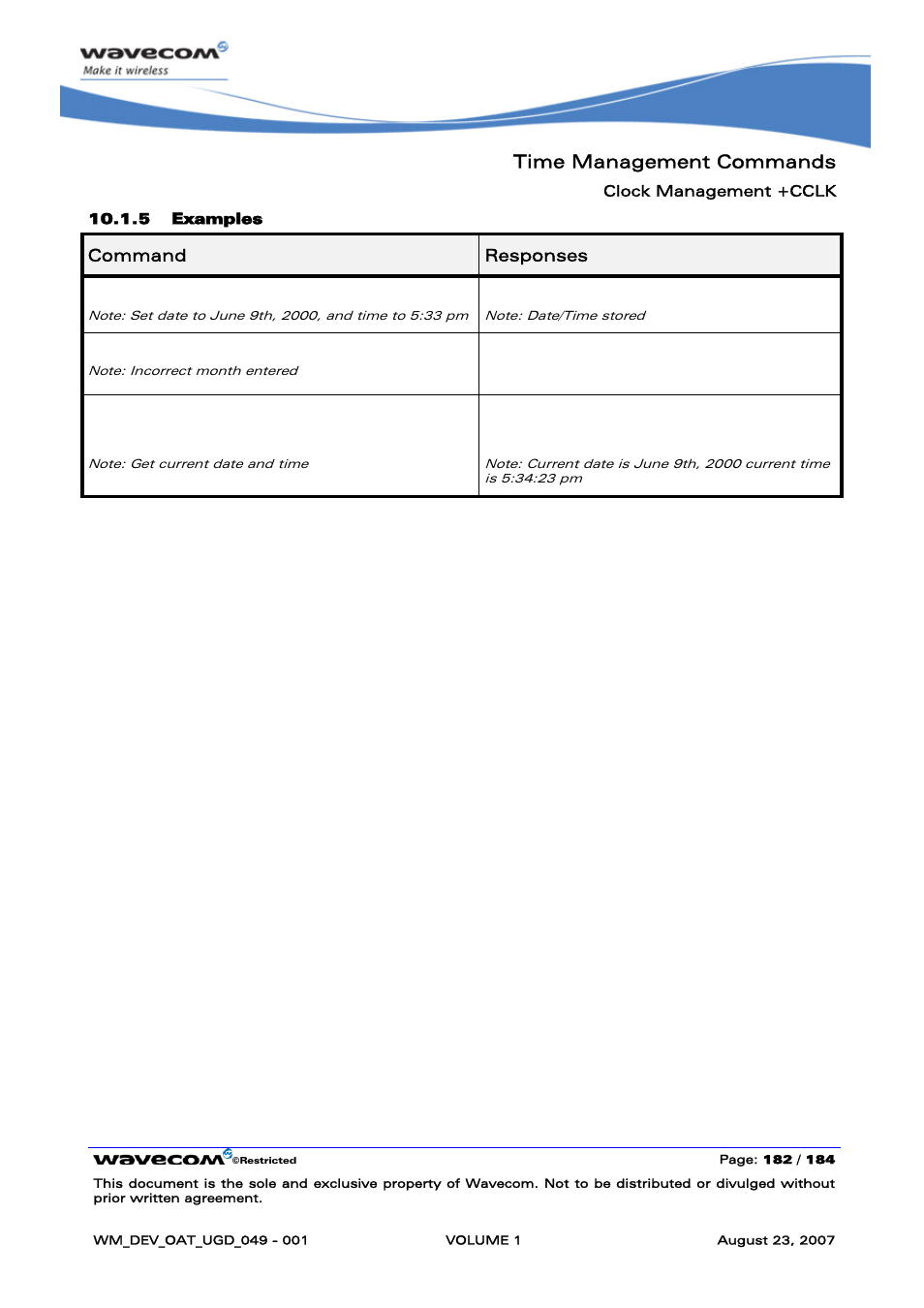 Time management commands, Cme error: 3 at+cclk | Rainbow Electronics FARGO MAESTRO 100 (with TCP_IP) User Manual | Page 188 / 787