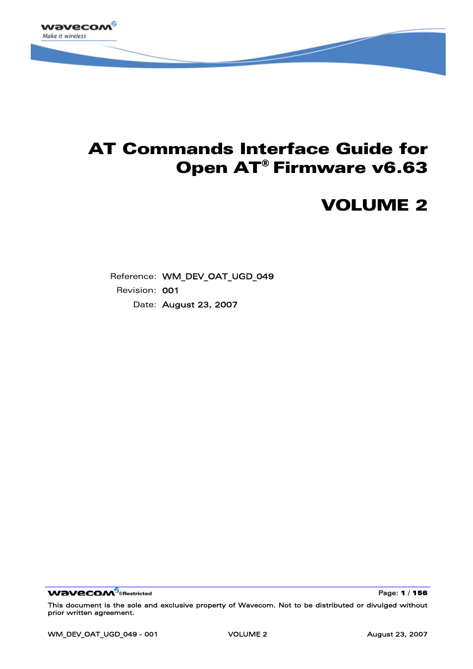 At commands interface guide for open at, Firmware v6.63 volume 2 | Rainbow Electronics FARGO MAESTRO 100 (with TCP_IP) User Manual | Page 191 / 787