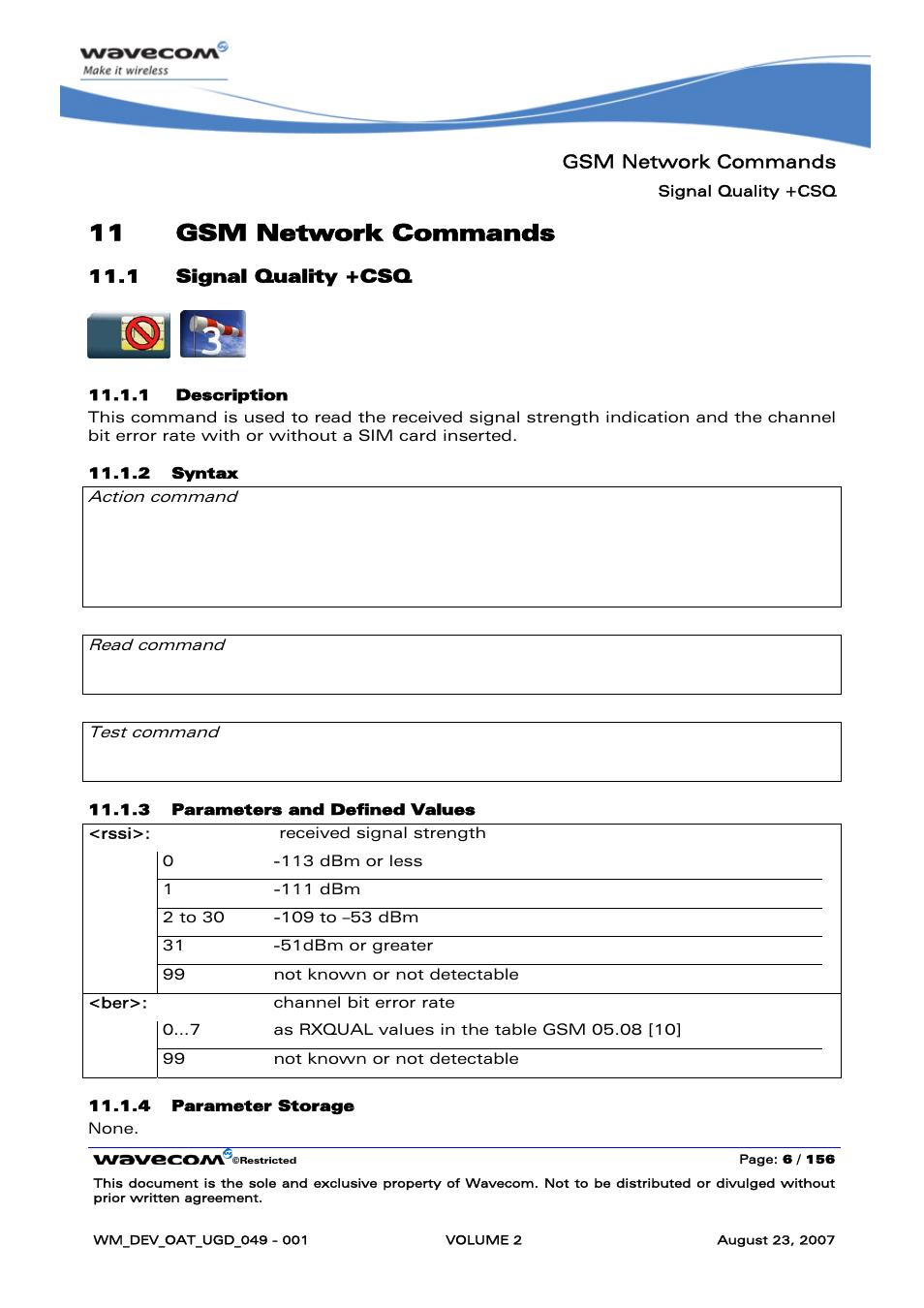 Gsm network commands, Signal quality +csq, 11 gsm network commands | Rainbow Electronics FARGO MAESTRO 100 (with TCP_IP) User Manual | Page 196 / 787