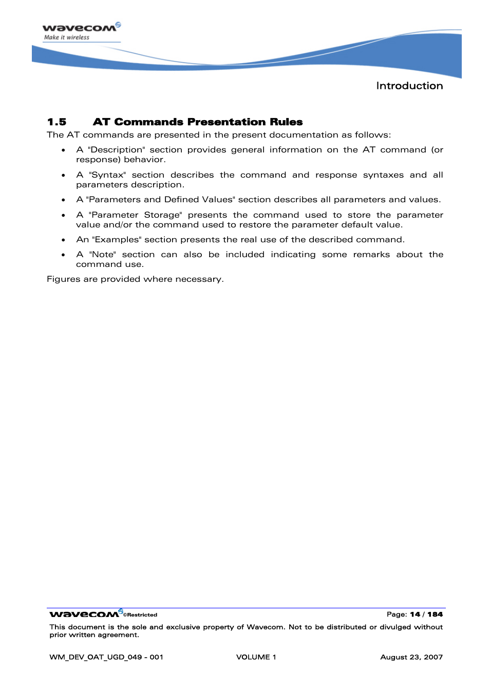At commands presentation rules, Introduction, 5 at commands presentation rules | Rainbow Electronics FARGO MAESTRO 100 (with TCP_IP) User Manual | Page 20 / 787