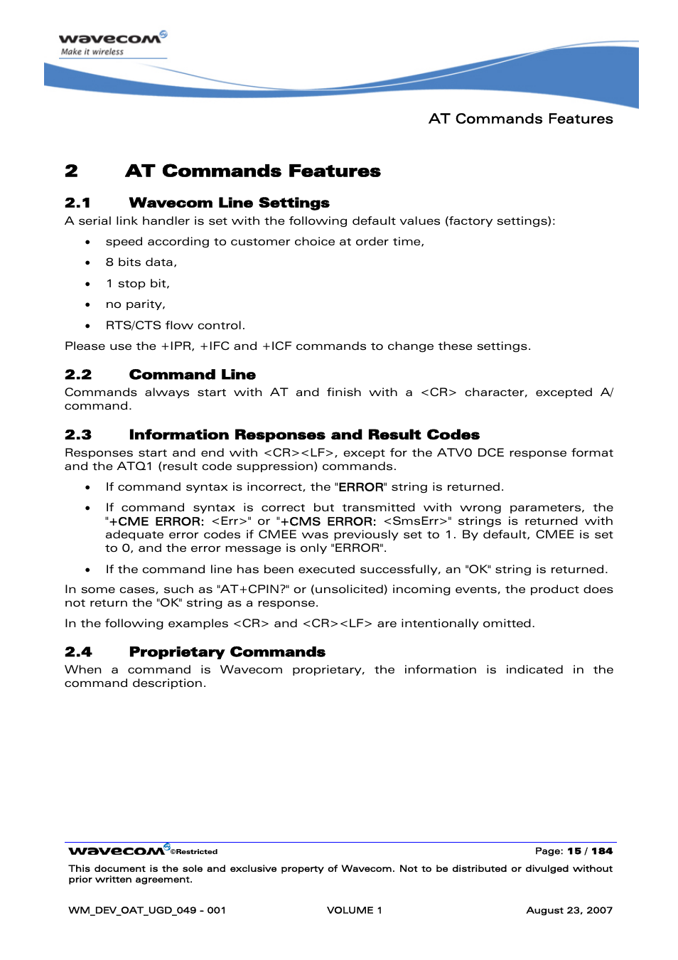 At commands features, Wavecom line settings, Command line | Information responses and result codes, Proprietary commands, 2at commands features | Rainbow Electronics FARGO MAESTRO 100 (with TCP_IP) User Manual | Page 21 / 787