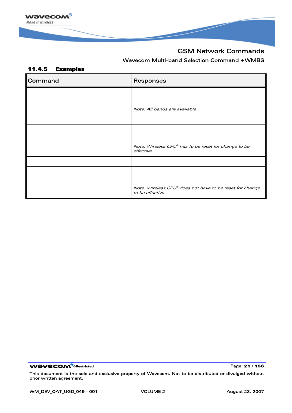 Gsm network commands, At+wmbs=0 ok at+wmbs? +wmbs: 0,1 ok, At+wmbs=1,1 ok at+wmbs? +wmbs: 1,0 ok | Rainbow Electronics FARGO MAESTRO 100 (with TCP_IP) User Manual | Page 211 / 787