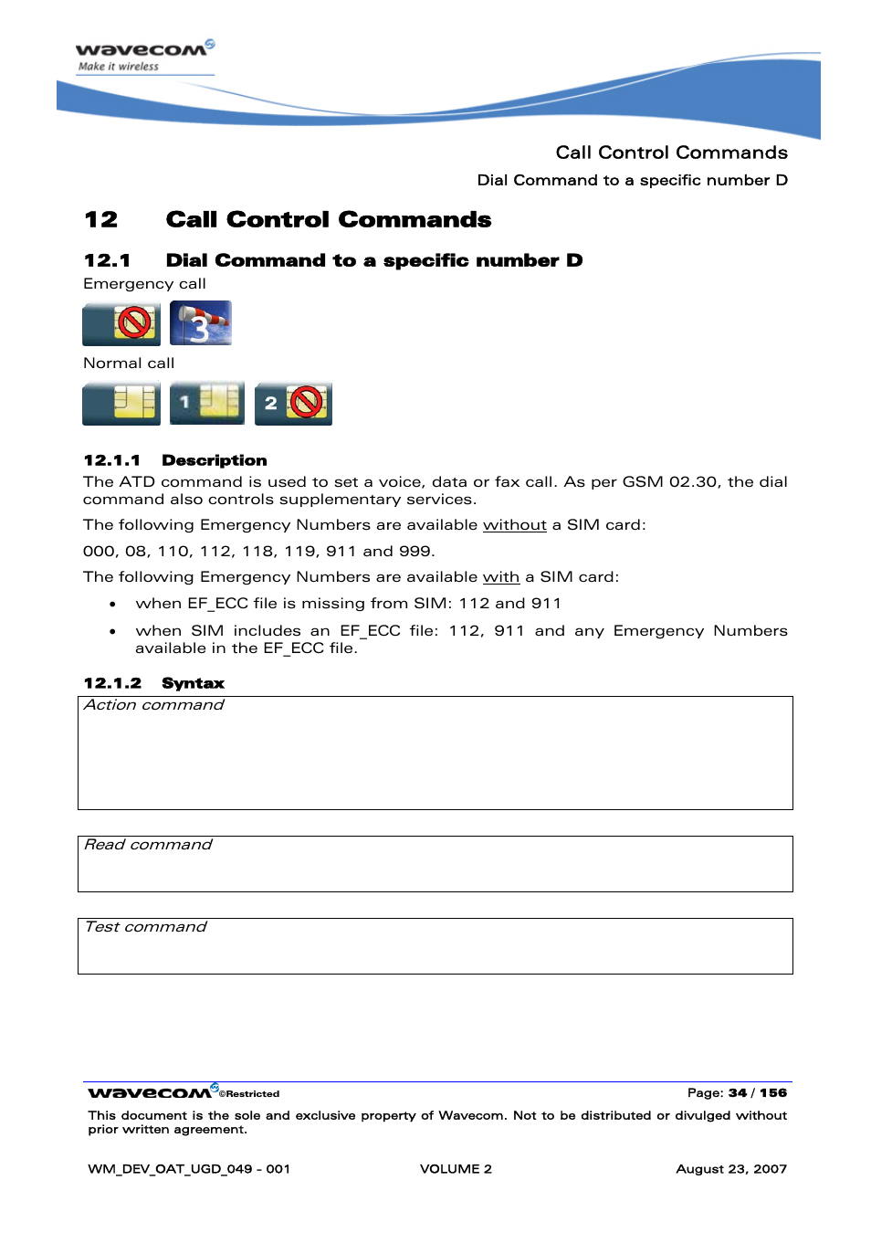 Call control commands, Dial command to a specific number d, 12 call control commands | Rainbow Electronics FARGO MAESTRO 100 (with TCP_IP) User Manual | Page 224 / 787