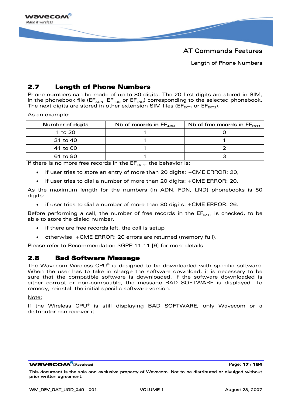 Length of phone numbers, Bad software message, At commands features | 7 length of phone numbers, 8 bad software message | Rainbow Electronics FARGO MAESTRO 100 (with TCP_IP) User Manual | Page 23 / 787